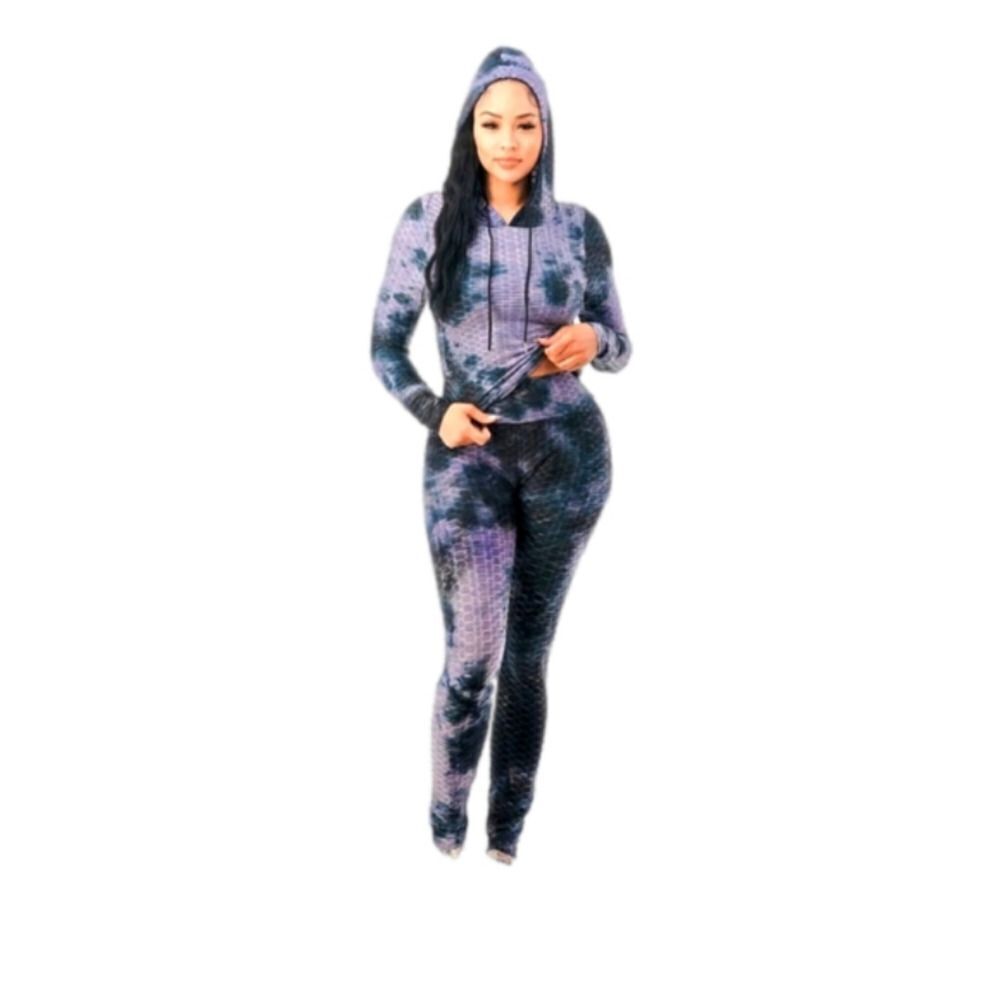 Women's Honeycomb Bubble Texture Tie Dye Butt Lift Activewear Sweatsuit Hooded L